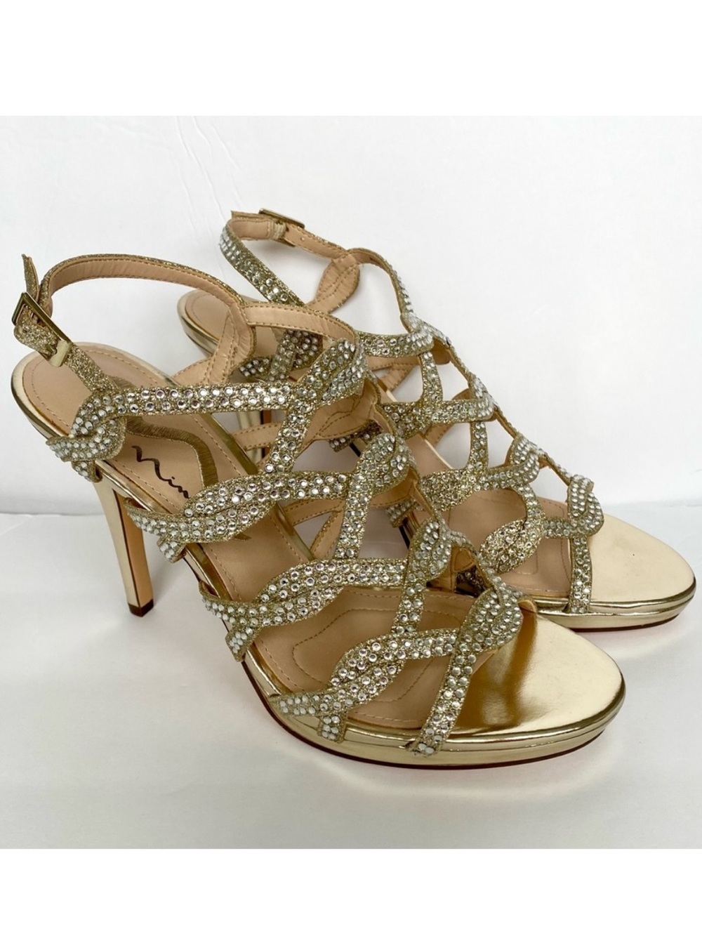 Nina Gold Crystal Strappy High Heel Sandals